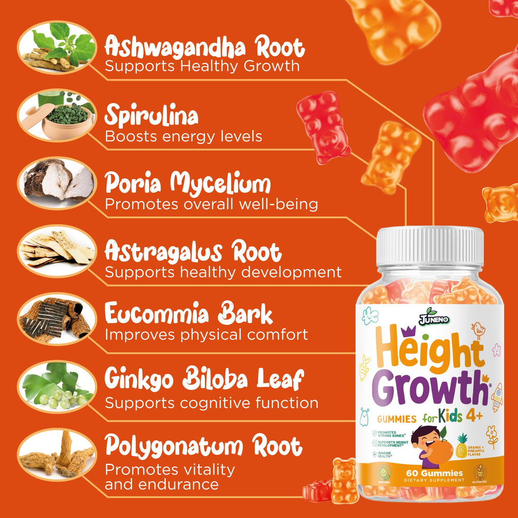 Juneno Height Growth Vitamins Supplement Gummies - Grow Taller for Teens Kids Boys Girls - Natural Height Increaser Maximizer Multivitamin