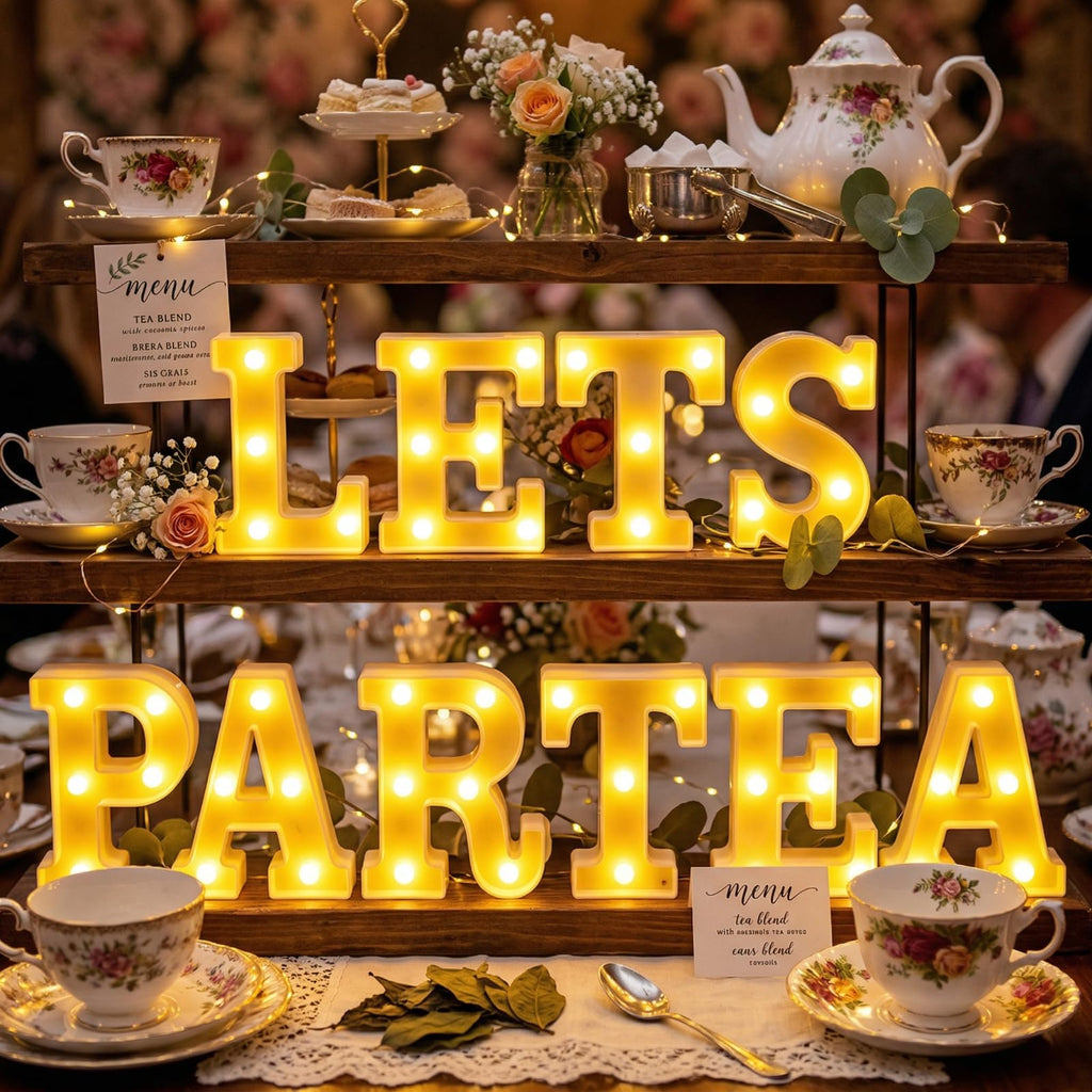 Honoson 10 Pcs Tea Party Birthday Decorations Lets Par Tea Lights Sign Decor Neon LED Lights Table Decoration for Birthday Girl Baby Shower Party Home Indoor Decor