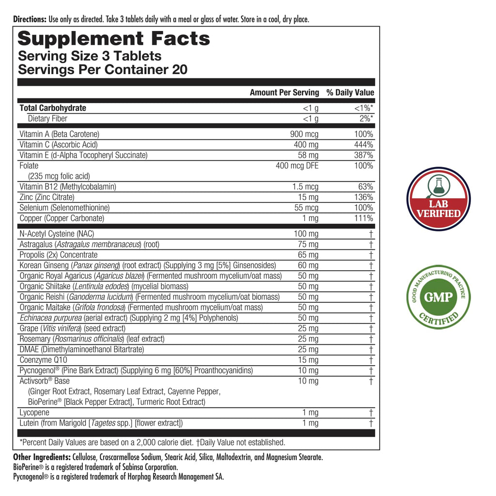 KAL Cell Defense - Nerve Function and Immune Support Supplement - w/Antioxidant Vitamin C and E, Plus Zinc, Selenium, NAC and Mushrooms (Including Reishi and Shiitake) - Lab Verified, 20 Servings