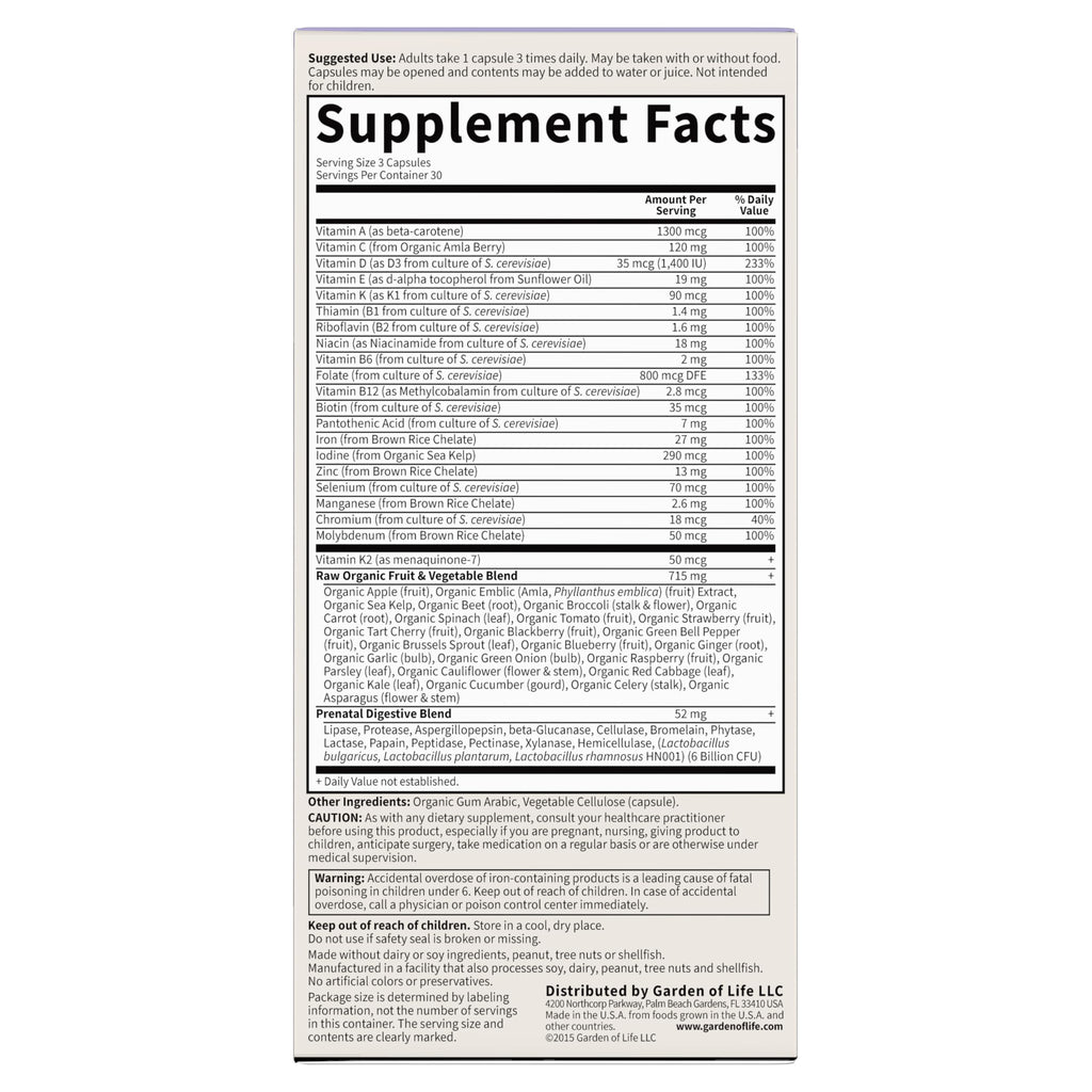Garden of Life Vitamin Code Raw Prenatal Multivitamin for Women with Iron, Folate, Probiotics and Whole Food Nutrients - Immune and Cellular Energy Support, Non-GMO, Gluten-Free, Kosher, 30 Day Supply