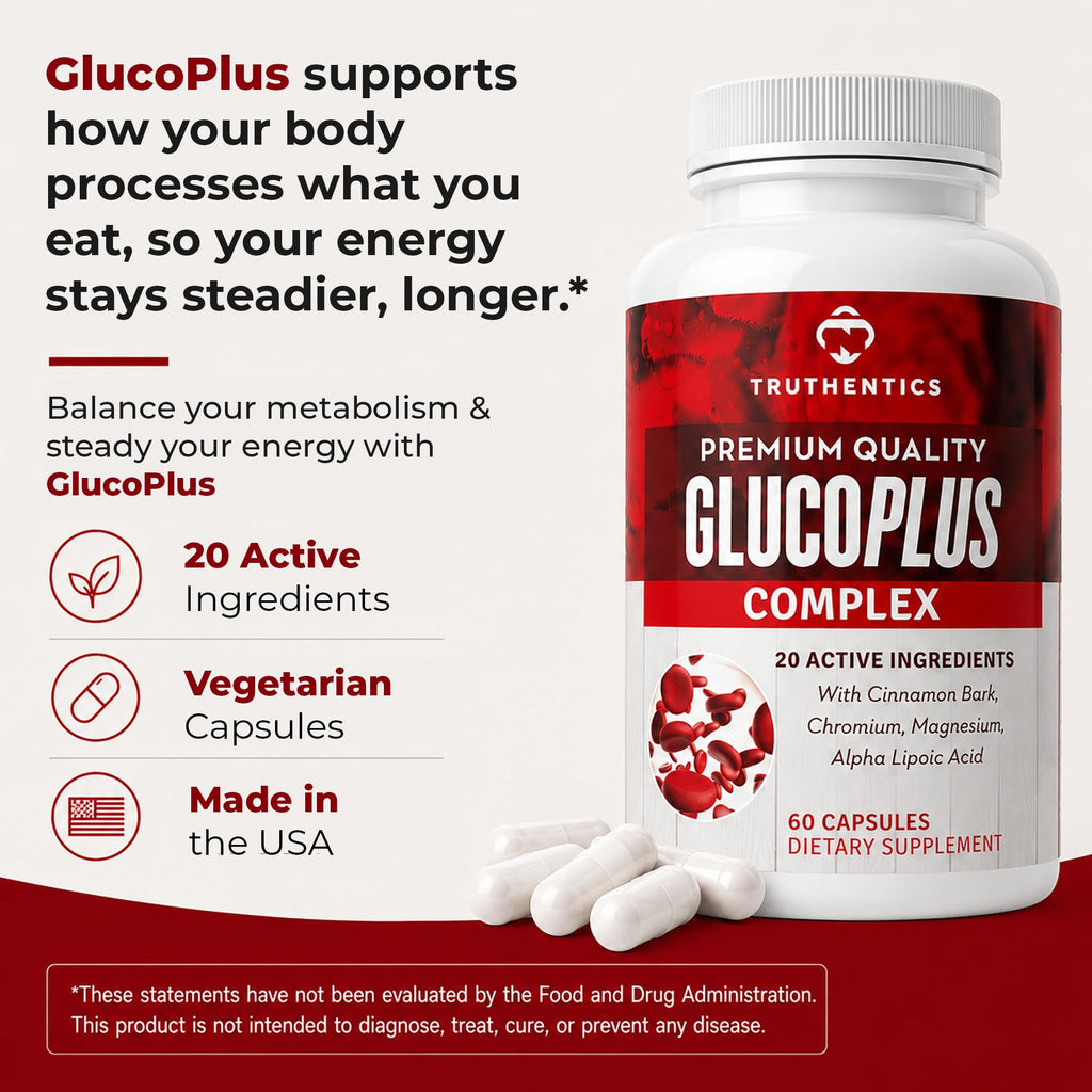 Truthentics GlucoPlus Metabolic Support, Cinnamon, Chromium, Gymnema, 60ct