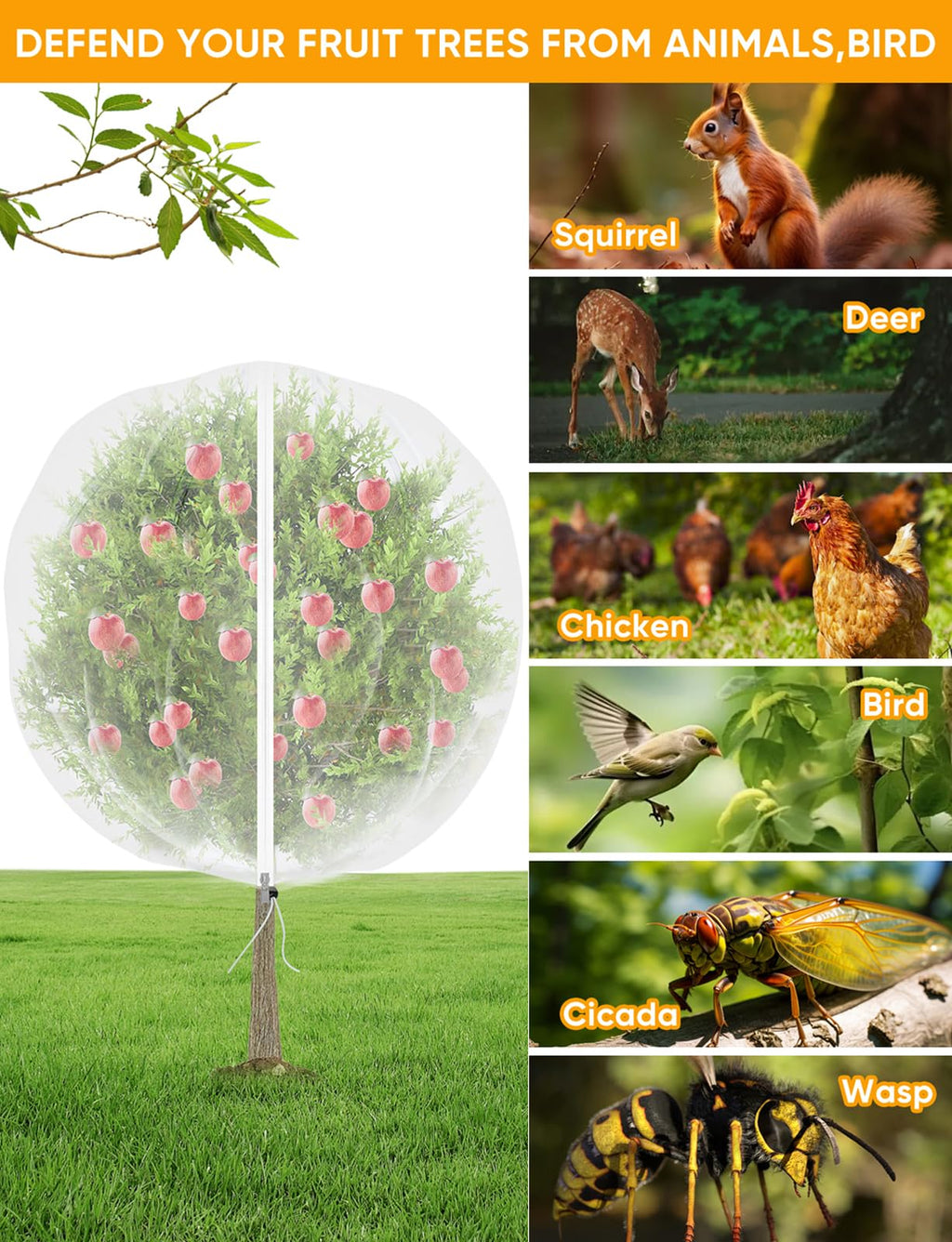 VITI Fruit Tree Netting for Cicadas - with 2Pcs 8Ftx5.3Ft Zipper&Drawstring Protection for Your Fruit Trees Garden Bird Netting Covers Blueberry Bush Tomato Bug Plant Protection Cherry Apple Tree