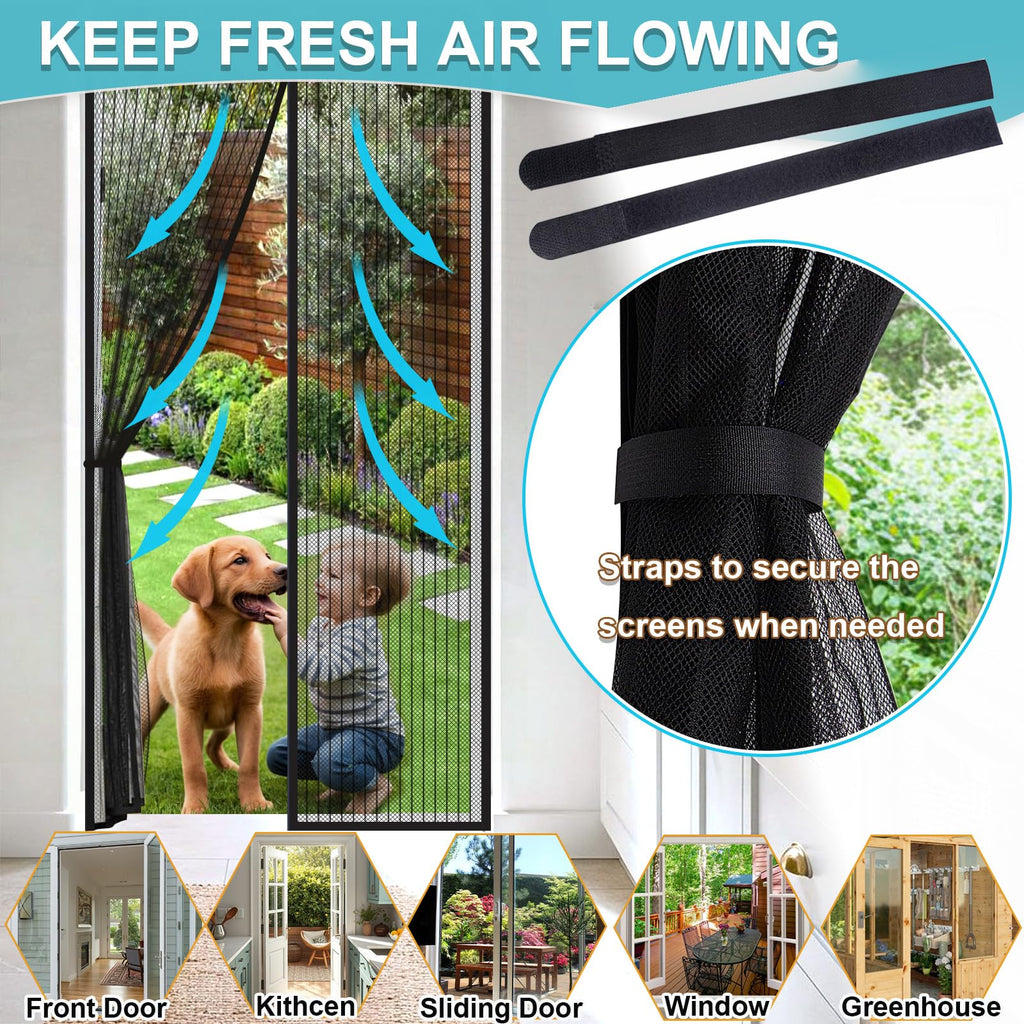 ENBZSVU Magnetic Screen Door Mesh, Fit Door 36 x 78 inch, Black Actual Net Screen Size Include Edges 38" x 80" for Patio, Sliding Door, Keeps Bugs Out, Fresh Air Flow, Self Closing