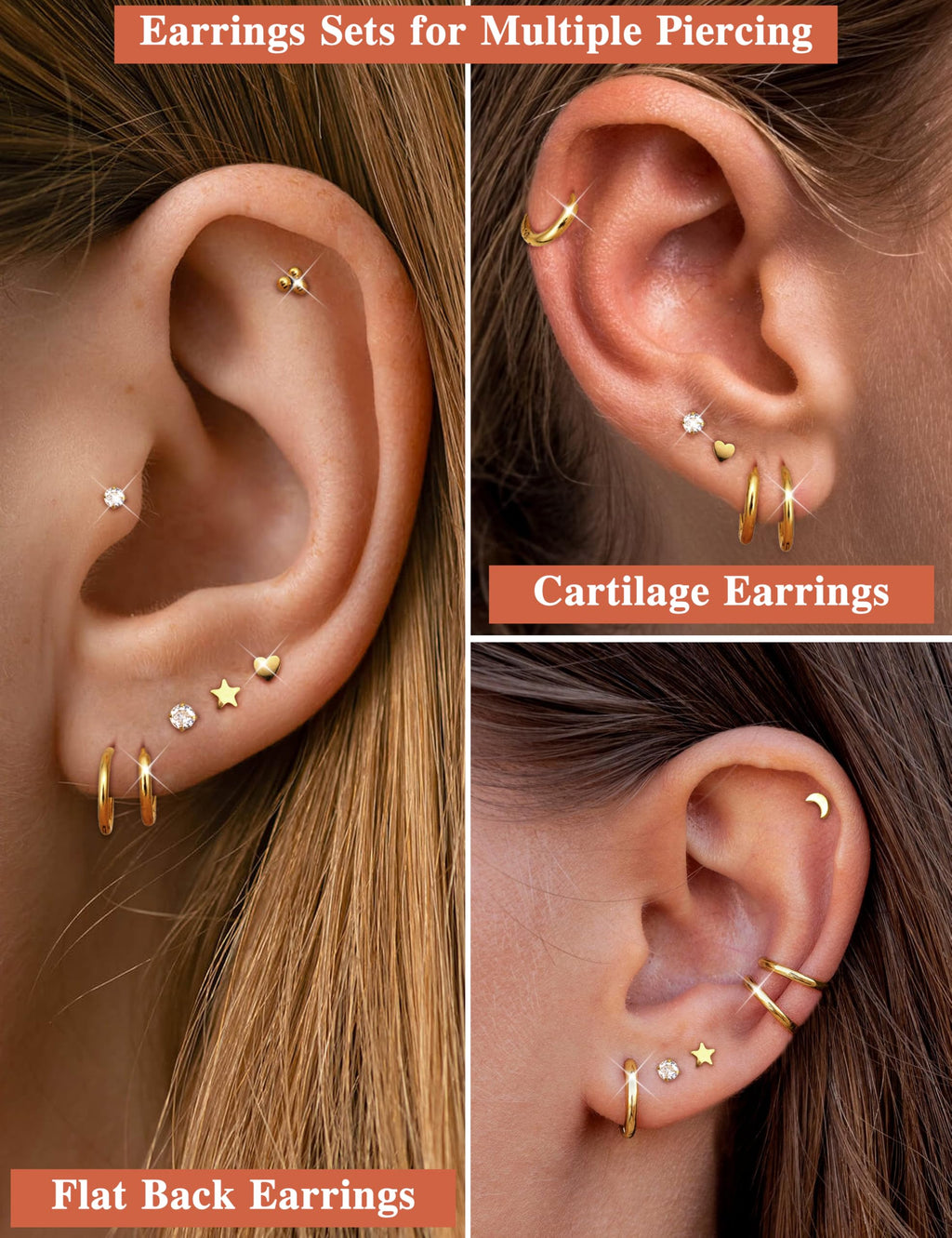 LOLIAS Hypoallergenic Surgical Steel Earrings for Sensitive Ears -14K Gold Plated Flat Back Earrings for Women Men- Small Stainless Steel Stud Hoop Earring Set Flatback Cartilage Earring Stacks
