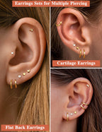 LOLIAS Hypoallergenic Surgical Steel Earrings for Sensitive Ears -14K Gold Plated Flat Back Earrings for Women Men- Small Stainless Steel Stud Hoop Earring Set Flatback Cartilage Earring Stacks