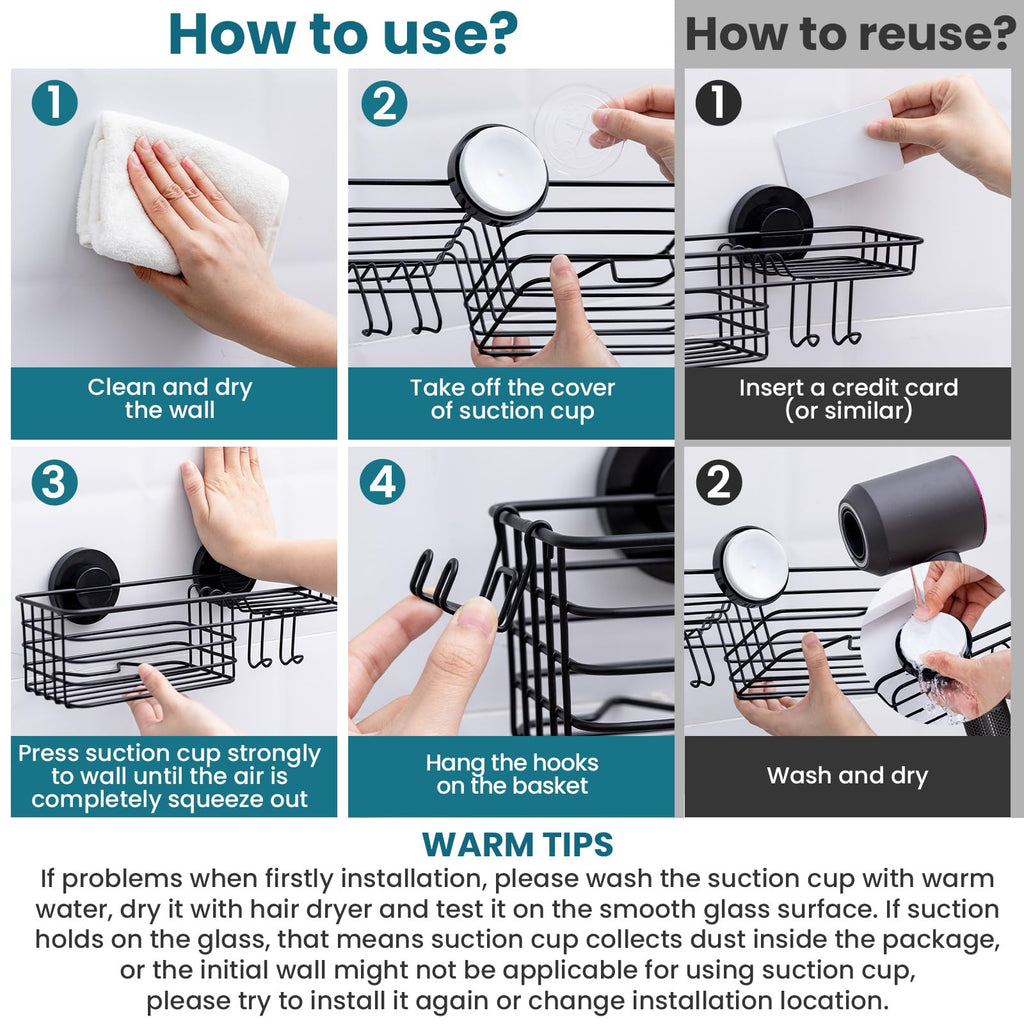 TAILI Shower Caddy Suction Cup with Hooks and Soap holder, Heavy Duty Bathroom Shower Organizer, No Drilling Bathroom Holder with Large Capacity, Metal Black Storage Basket