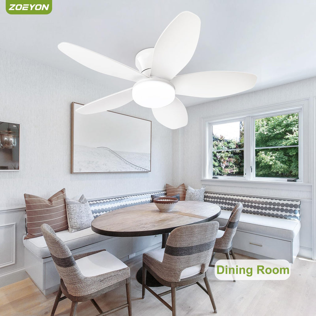 ZOEYON Small Ceiling Fan with Light - 35 Inch Flush Mount Ceiling Fan with Lights and Remote, Low Profile Ceiling Fans with 5 Reversible Blades, 6 Wind Speeds, White Ceiling Fans for Bedroom