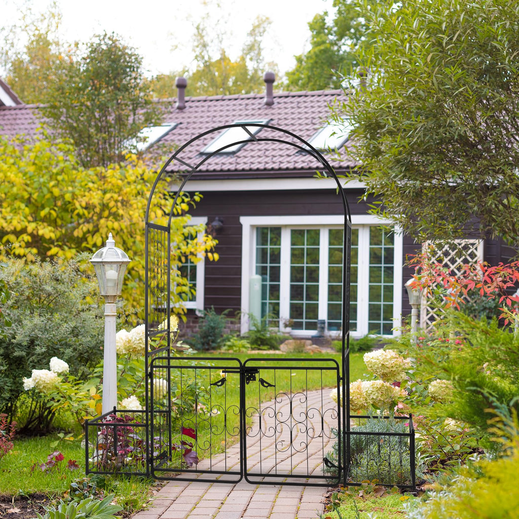 VINGLI Garden Arbor Arch with Gate and Planter Box, Wedding Arch Archway for Ceremony Party, Trellis for Plant Climbing, Christmas Decorations Pergola for Backyard, Lawn, Patio, Yard