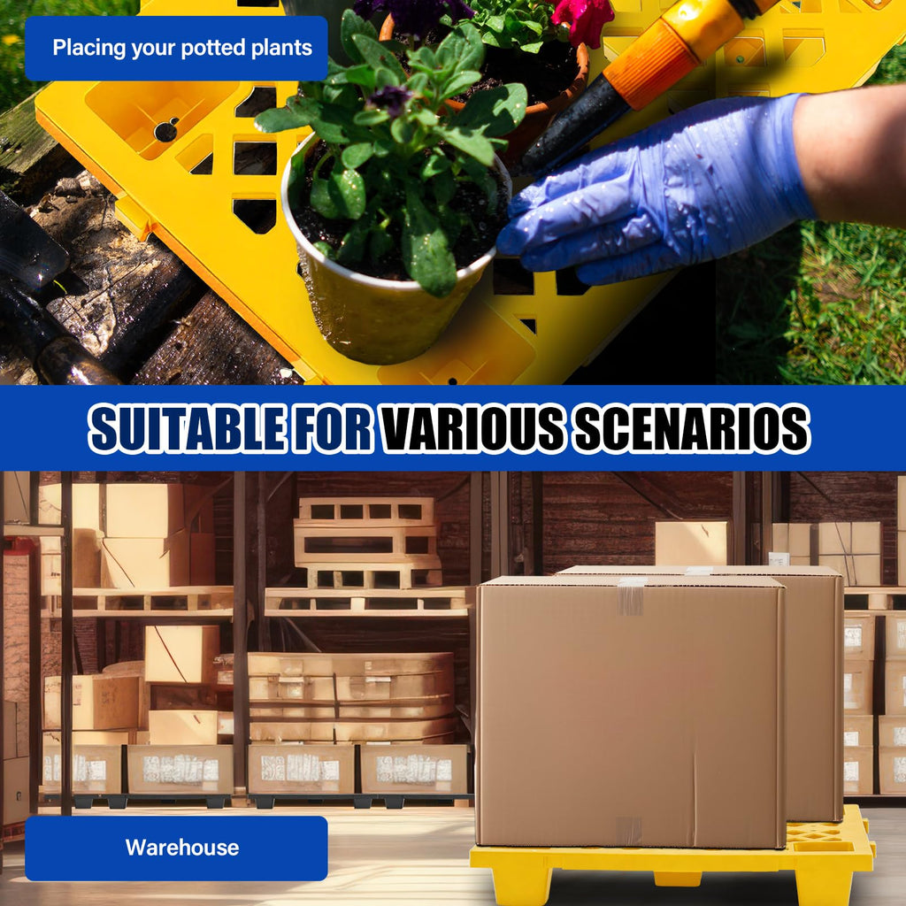 Singhoow 4 Pcs Plastic Pallets for Basement Storage Nestable Moisture Waterproof Lightweight Floor Pallets with Breathable Grid for Indoor Outdoor Supermarket Warehouse (23.6 x 15.8 x 3.9 Inch,Yellow)