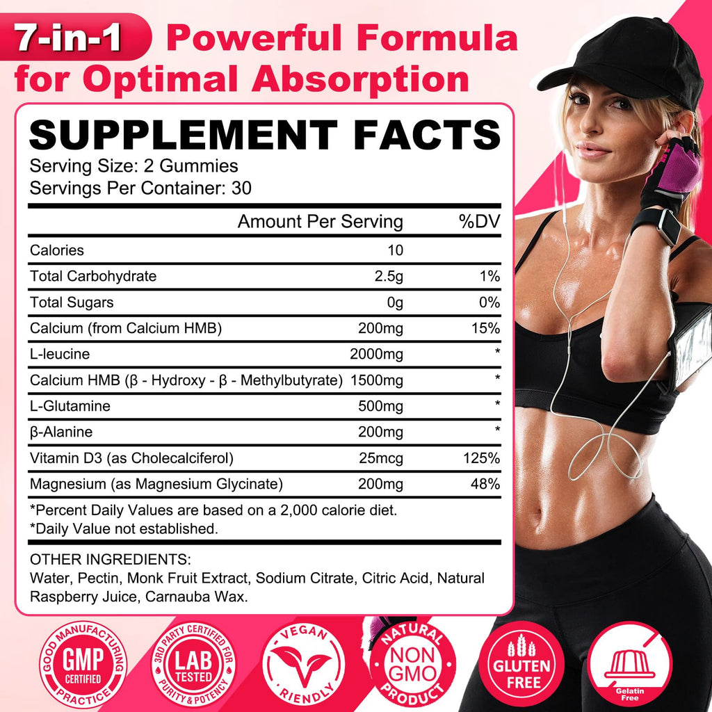 GlaGmrry 2 Pack HMB and Leucine Gummies, HMB & Leucine Amino Acid for Muscle Growth, Muscle Relief, HMB Supplements for Men & Women, Vegan, Non-GMO, Raspberry Flavor, 120 Count