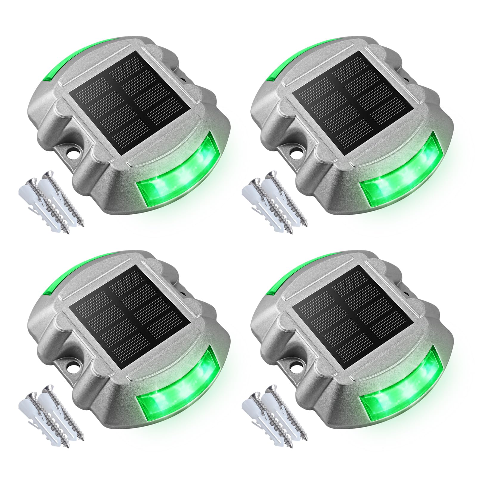 VOLISUN Christmas Solar Deck Lights Driveway Dock Lights, 4-Pack Led IP68 Waterproof Outdoor Warning Step Light for Driveway Sidewalk Garden Pathway Yard(Green, Auto On/Off