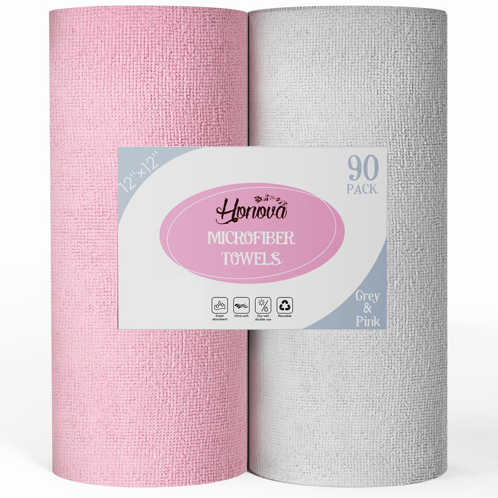 Honova Microfiber Cleaning Cloth Roll-90 Pack, Tear Away Towels，Paper Towel Alternative, 12" x 12"，Reusable, Washable, Scratch Free, Highly Absorbent Dish Rags for Car, Home, Garage or Shop(Pink&Grey)