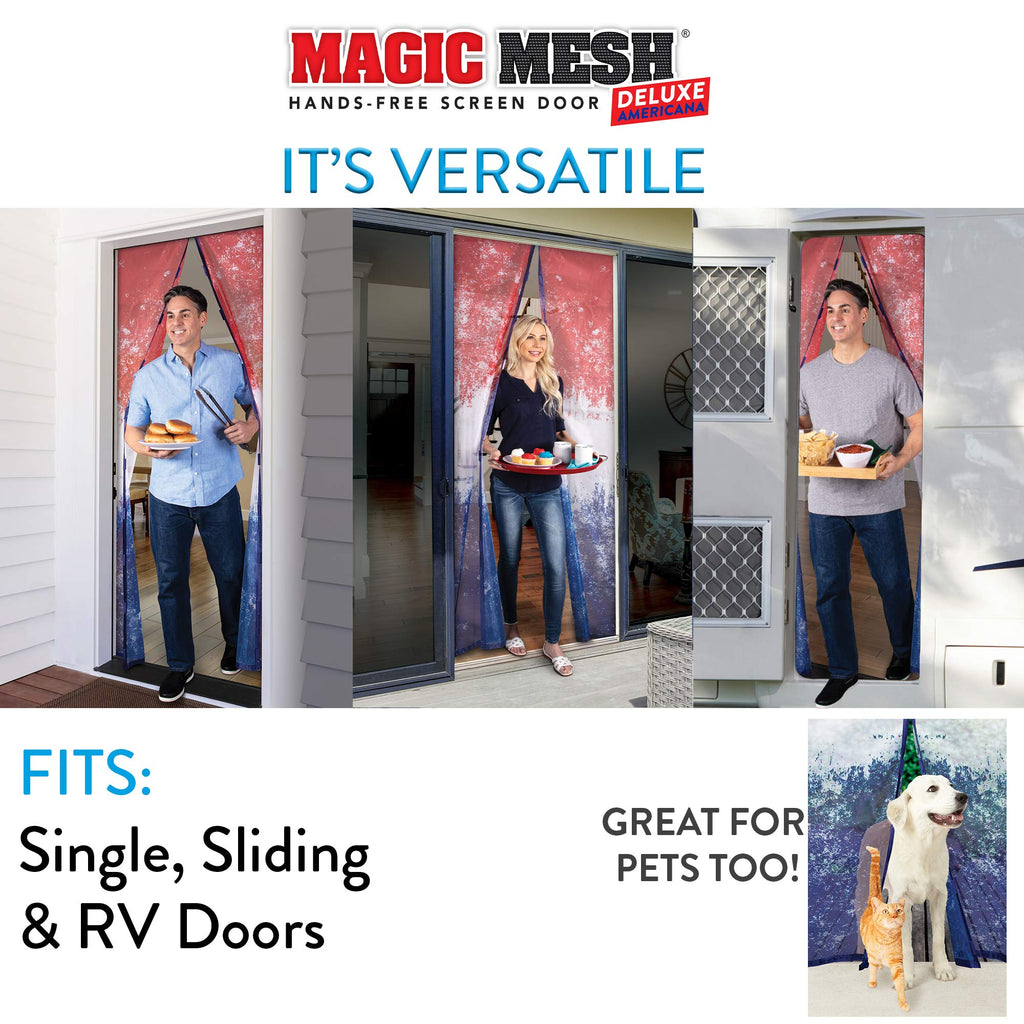 Magic Mesh Deluxe- Americana 2 Pack- Hands Free Magnetic Screen Door, Mesh Curtain Keeps Bugs Out, Frame Hook & Loop, Hands Free, Pet & Kid Friendly- Fits Doors up to 39 x 83 Inches, Red/White/Blue