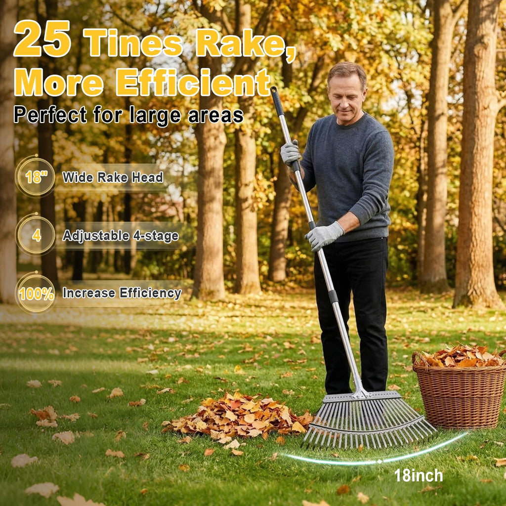 18-Inch Wide Heavy Duty Adjustable Metal Leaf Rake, 62-Inch Long Handle Garden Rake for Lawns, Grass, Flower Beds & Outdoor Yard Cleanup