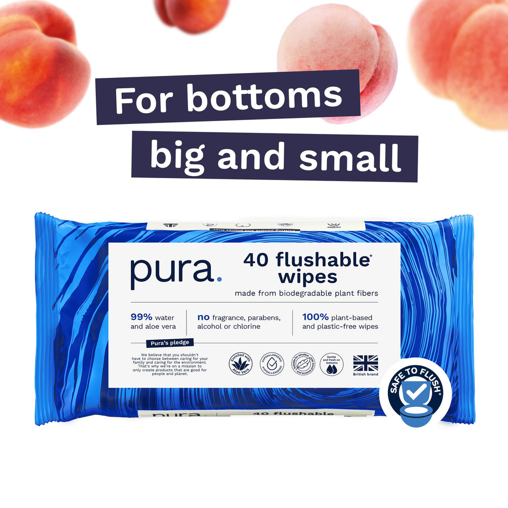 Pura XL Flushable Adult Wipes Unscented, Extra Large Family Wet Wipes with Aloe Vera & 99% Water, Sensitive Skin, 12 Pack of 40 (480 Wipes), Personal Hygiene Toilet