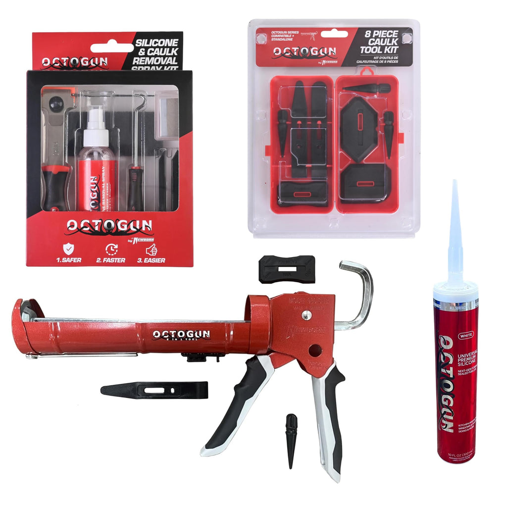 Newborn Octogun Complete Caulking Bundle | Pro Drip-Free Caulk Gun, Universal Silicone Sealant, 8-Piece Smoothing Tool Kit, and Caulk Removal Set | All-in-One Home Repair & Sealing Pack