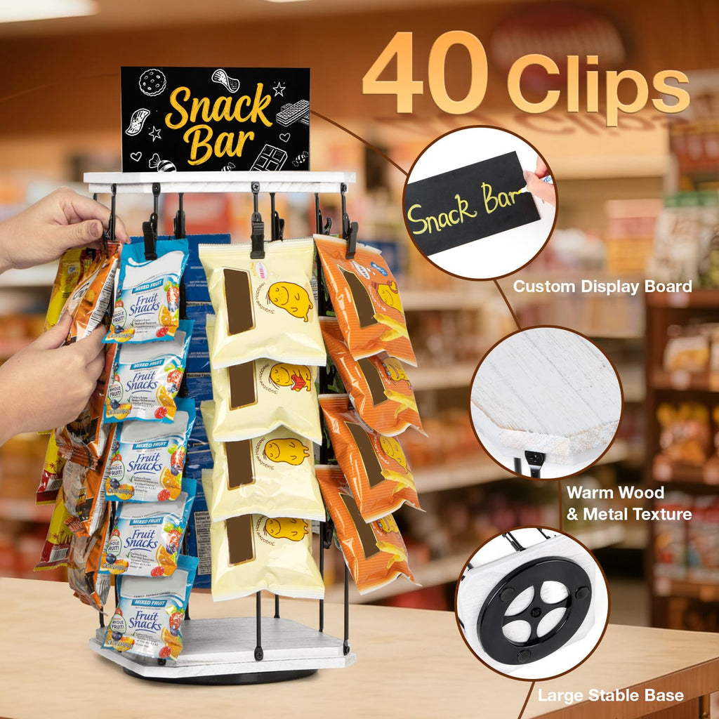 PUERSI Wooden Chip Rack Display Stand, 5 Tiers 40 Clips Rotating Snack Rack for Office Countertop, Snack Organizer Chip Storage Candy Display for Concession, Party, Retail, with Message Board - White