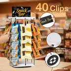 PUERSI Wooden Chip Rack Display Stand, 5 Tiers 40 Clips Rotating Snack Rack for Office Countertop, Snack Organizer Chip Storage Candy Display for Concession, Party, Retail, with Message Board - White