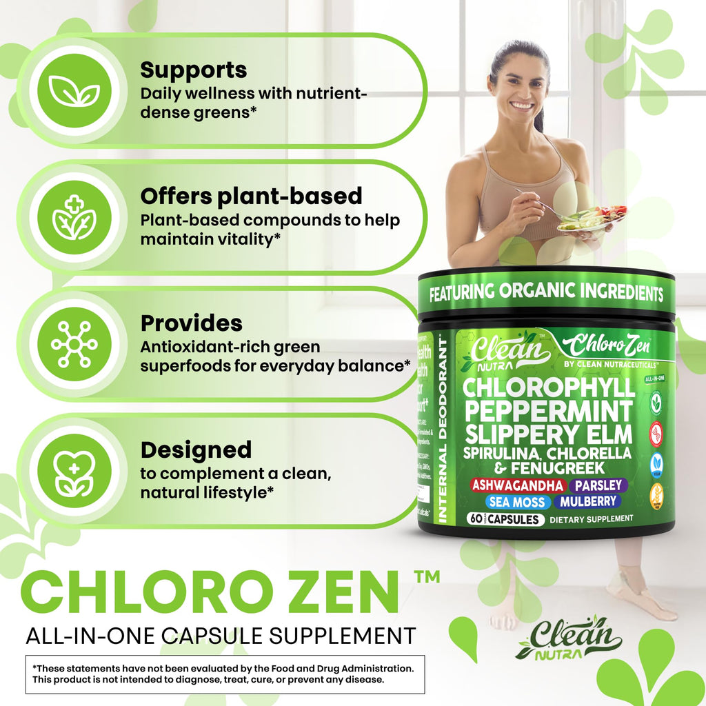 Clean Nutra Chlorophyll Capsules + Peppermint Slippery Elm Spirulina Chlorella Fenugreek Ashwagandha Sea Moss Supplement – Ph Balance for Women Detox Internal Deodorant Supplement + Prebiotics 60 Ct