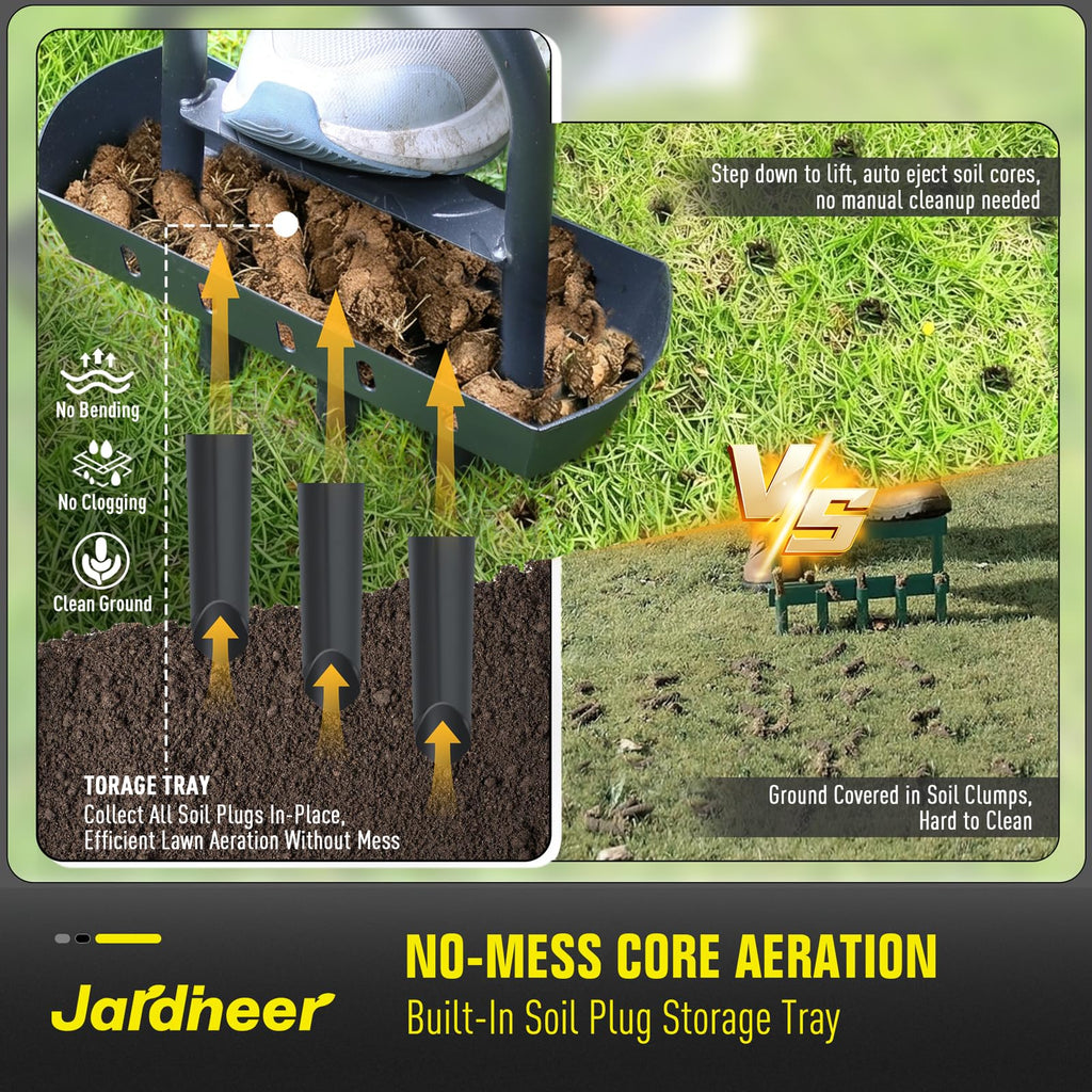 Jardineer Lawn Aerator Coring Tool with Soil Core Tray, Core Aerator with 4" Deep Plugs and Wider Foot Pedal, Manual Grass Plug Aeration Tool for Compacted Soil, Improving Lawn Health