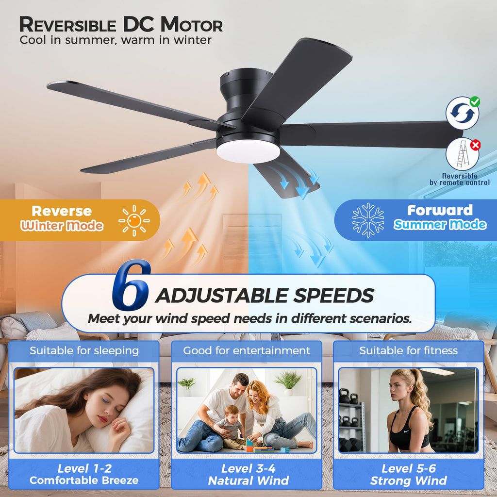 Ayaoty 52" Black Ceiling Fans with Lights and Remote - Flush Mount Fan Light with 5 Reversible Blades, 3CCT Dimmable, DC, Low Profile Ceiling Fan for Modern Indoor, Covered Outdoor