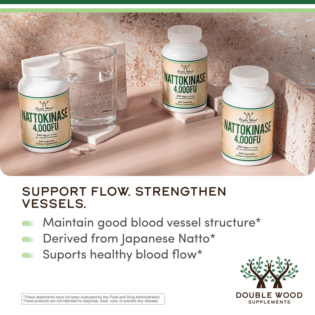 Nattokinase Supplement 4,000 FU Servings, 240 Capsules (Derived from Japanese Natto) Systemic Enzymes for Cardiovascular and Circulatory Support by Double Wood