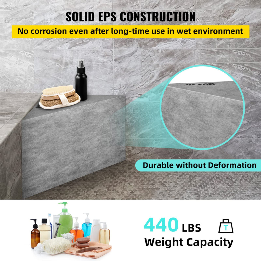 VEVOR Tile Shower Seat, 22.4" x 16" x 20" Ready to Tile Shower Seat, Factory Waterproof & 100% Leak Proof Tileable Shower Corner Seat, 440lbs Load-Bearing Triangular Board Shower Bench, Grey