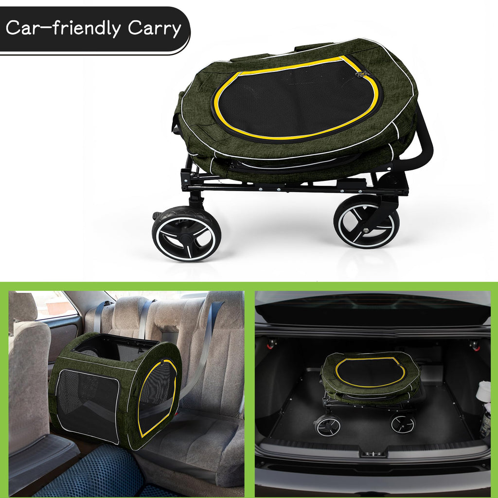 Saudism Pet Stroller for Dogs Cats up to 50 lbs, Foldable Dog Stroller with 360° Swivel Wheels, Detachable Carrier, Adjustable Handle, Travel Dog Stroller for Small Medium Large Pets, Green