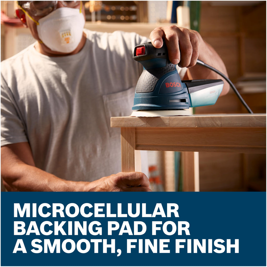 BOSCH ROS20VSC Palm Sander with Vacuum Dust Collector, 2.5 Amp 5 Inch Corded Variable Speed Random Orbital Sander, Polisher Kit with Soft Carrying Bag