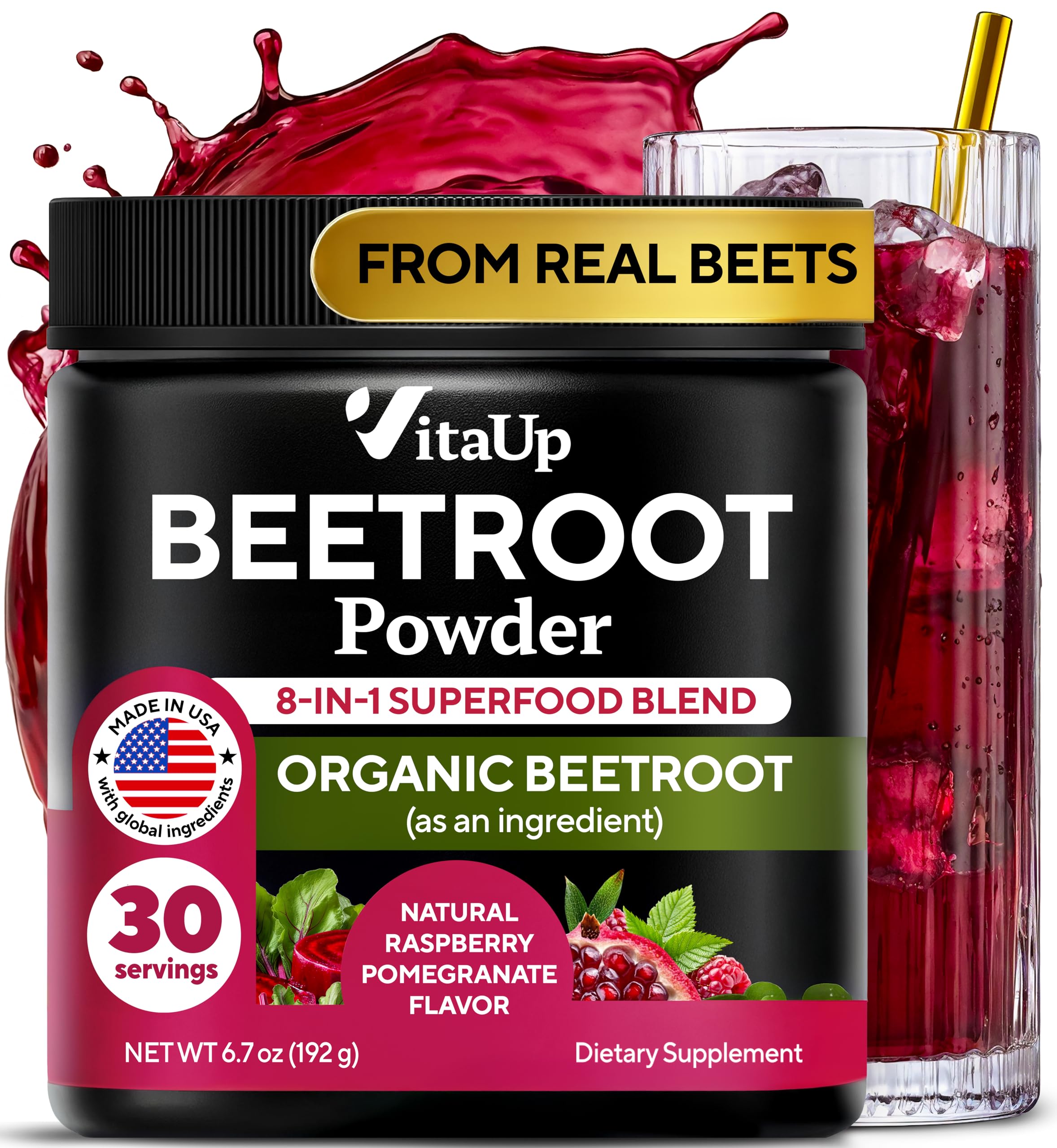 VitaUp Beet Root Powder 8 in 1 – USA Made Beets Powder Supplements with Grape Seed, Hawthorn, Coq10 – with Organic Beetroot for Energy & Circulation Support – Non-GMO, Mixed Berry Flavor, 30 Serving