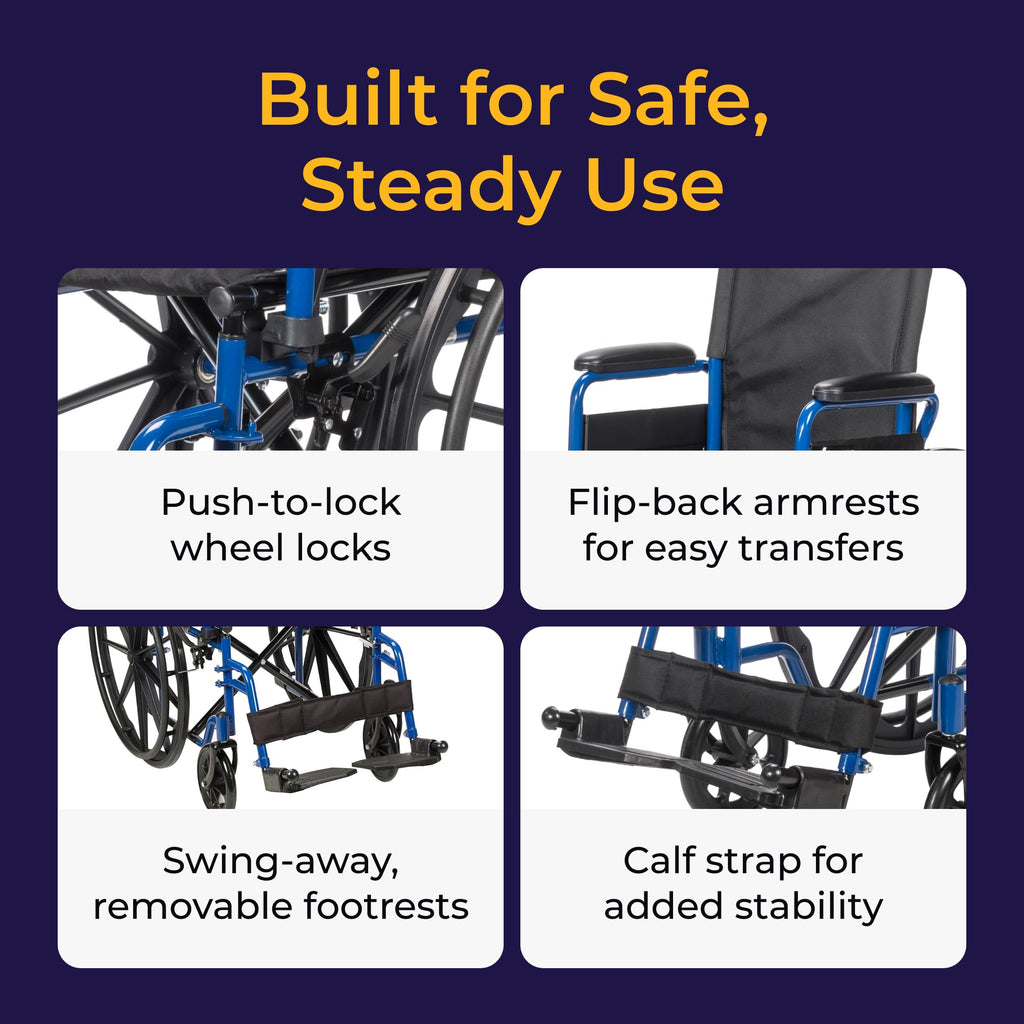 Drive Medical Blue Streak Lightweight Wheelchair - Portable Folding Mobility Aid - Swing-Away Footrests - Desk Arms - Durable Steel Frame - Easy Transport & Storage - 18-Inch Seat