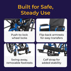 Drive Medical Blue Streak Lightweight Wheelchair - Portable Folding Mobility Aid - Swing-Away Footrests - Desk Arms - Durable Steel Frame - Easy Transport & Storage - 18-Inch Seat