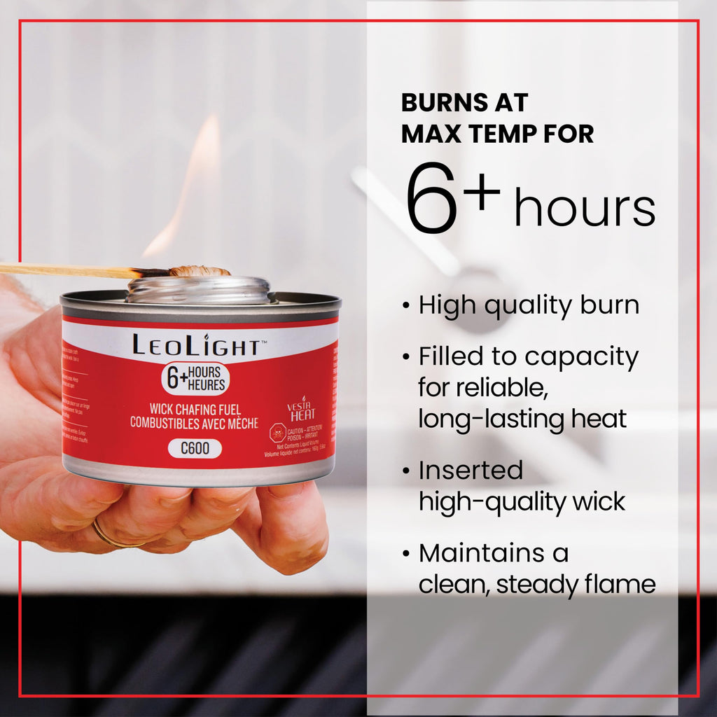6 Pack Chafing Fuel 6 Hour Burn – Odorless, Smokeless & Spill-Proof Wick, 7oz Food Warmer Fuel for Chafing Dish Buffet Set & Catering Use, LeoLight