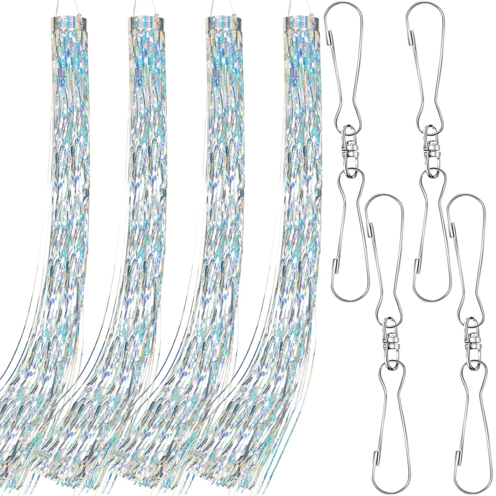 Lewtemi 4 Pcs Bird Scarer Windsock Wind Socks Outdoor Heavy Duty Outdoor Heavy Duty Holographic Silver Windsock with Rotating Hook for Outside Patio Garden Yard Spinners Hanging Decoration (Silver)