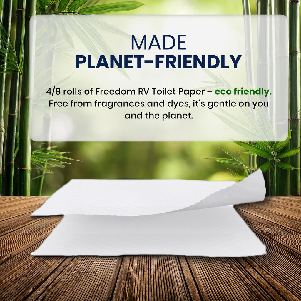 Freedom Living Septic Tank Safe Toilet Tissue for Campers and RVs Biodegradable Marine Toilet Paper for Boats, Fragrance-Free 2-Ply RV Toilet Paper (4 Rolls, 500 Sheets Each)