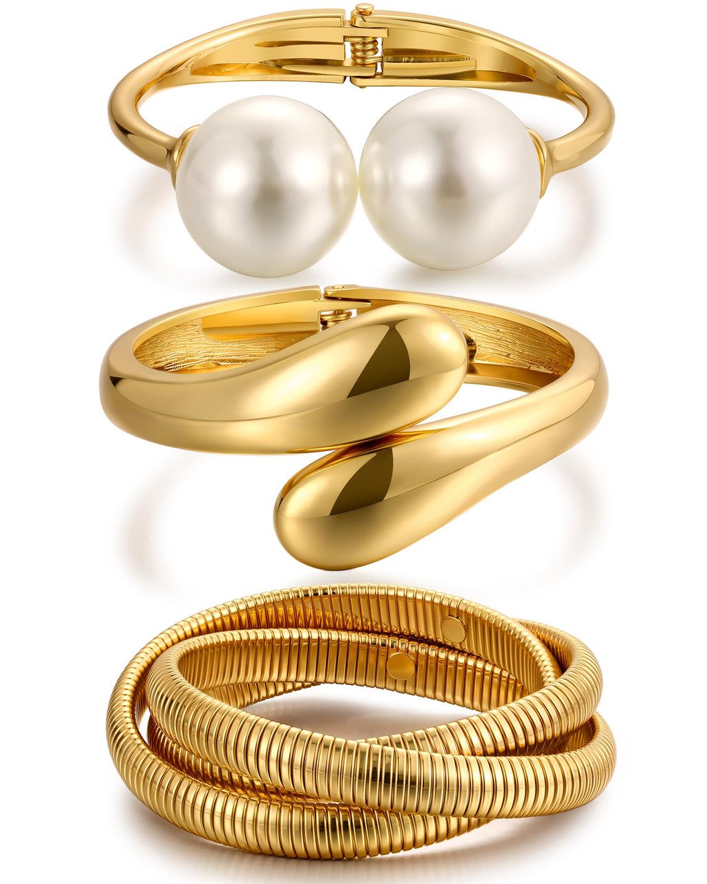 Chunky Gold Bangle Bracelets for Women, Dainty 14k Gold Plated Big Pearl Bangles Set, Trendy Statement Cuff Bracelet Stack Fashion Jewelry Gifts Summer Vacation Outfits