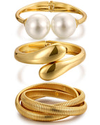Chunky Gold Bangle Bracelets for Women, Dainty 14k Gold Plated Big Pearl Bangles Set, Trendy Statement Cuff Bracelet Stack Fashion Jewelry Gifts Summer Vacation Outfits