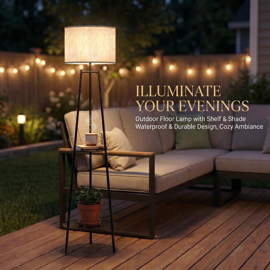 VISFLAIR Outdoor Solar Floor Lamp with 2-Tier Plant Stand, Cordless 46'' Tall Standing Patio Light with White Shade & Edison Bulb, Waterproof Metal Display Shelf for Porch, Deck, Balcony Garden Decor