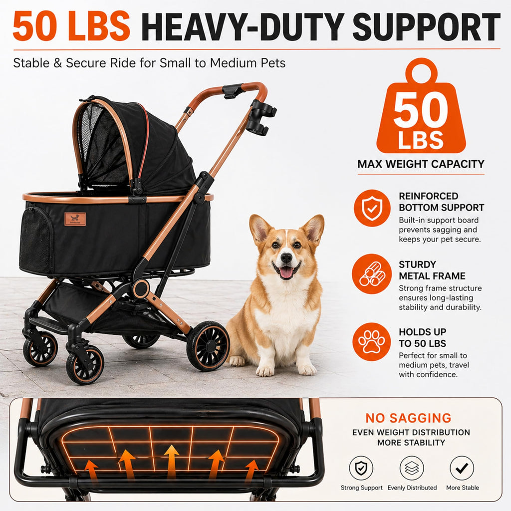 PAWPUBBY 6-in-1 Pet Stroller for Medium Dogs up to 50 lbs, Luxury Black & Gold Dog Stroller with Detachable Carrier, Foldable Travel Cat Stroller, Removable Pet Car Seat, 360° Rotating Wheels
