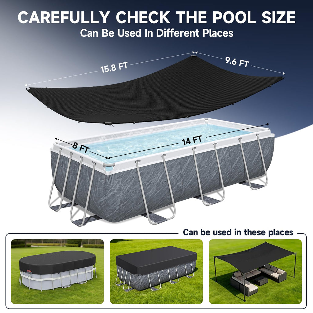 LXKCKJ 8x14 FT Rectangular Pool Cover for Above Ground Pool, Solar Oval Pool Cover Protector, Winter Pool Cover with Accessories Set Ideal for Cold and UV Resistant, Dustproof (Black)