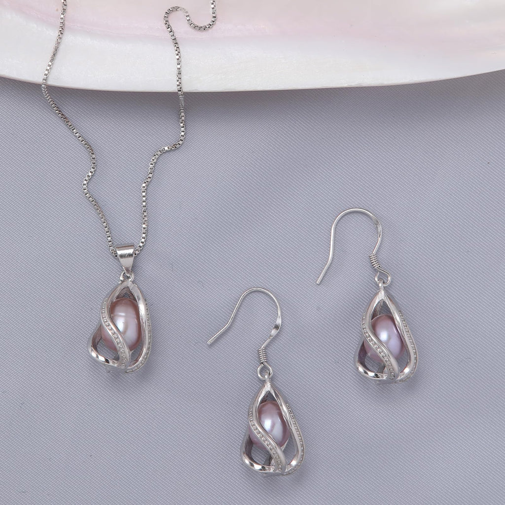 HENGSHENG Pearl Jewelry Set For Women S925 Sterling Silver Necklace & Earrings Set Freshwater Pearl Pendant Cage Set for Wedding Anniversary Prom Birthday Gift - Silvery Purple
