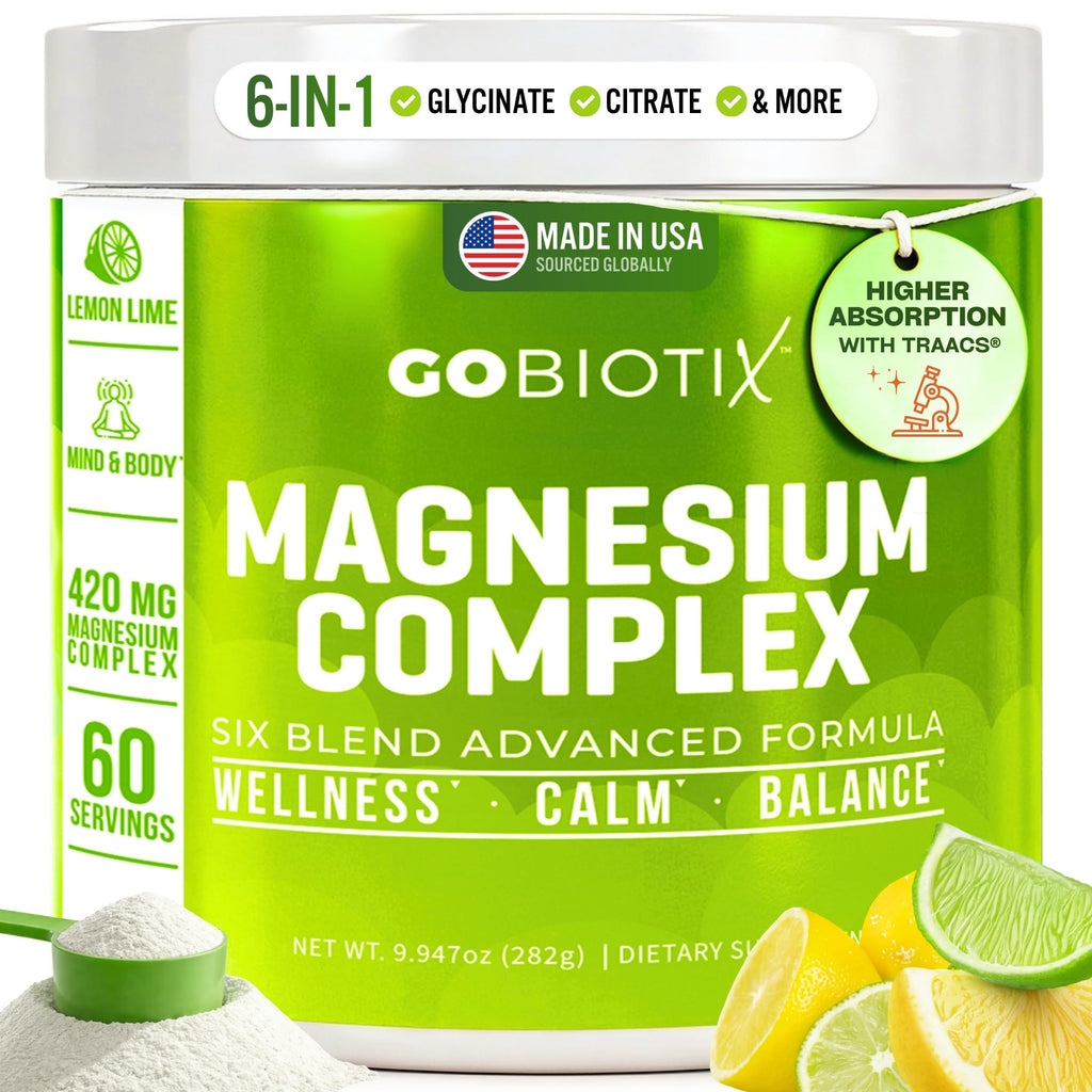 GoBiotix Magnesium Glycinate Powder – Cortisol Supplements for Women and Men – High Absorption Magnesium Complex Calm Supplement with Citrate, Malate – Sugar Free – 420 mg, 60 Servings - Lemon Lime