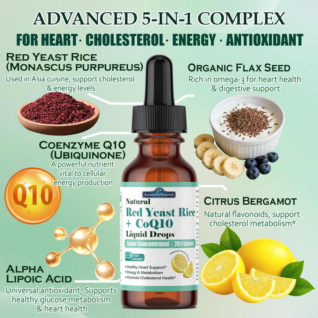 2 Packs Liposomal Red Yeast Rice with Coq10 Liquid Drops, 5-in-1 Extra Strength 1200mg Healthy Cholesterol & Heart Support with Citrus Bergamot Alpha Lipoic Acid, Citrinin-Free, 2 Month Supply