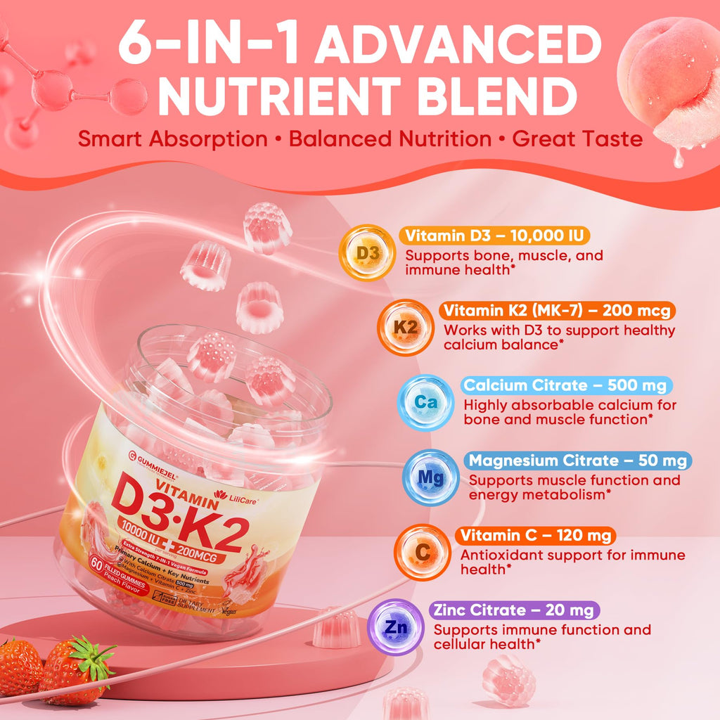 Vitamin D3 K2 Filled Gummies 5000IU / 10,000 IU with 500mg Calcium + K2(MK-7) 200mcg, Magnesium, Vitamin C & Zinc, Extra Strength - Ultimate Absorbency for Bones Muscles Teeth, Vegan -- Pack of 2