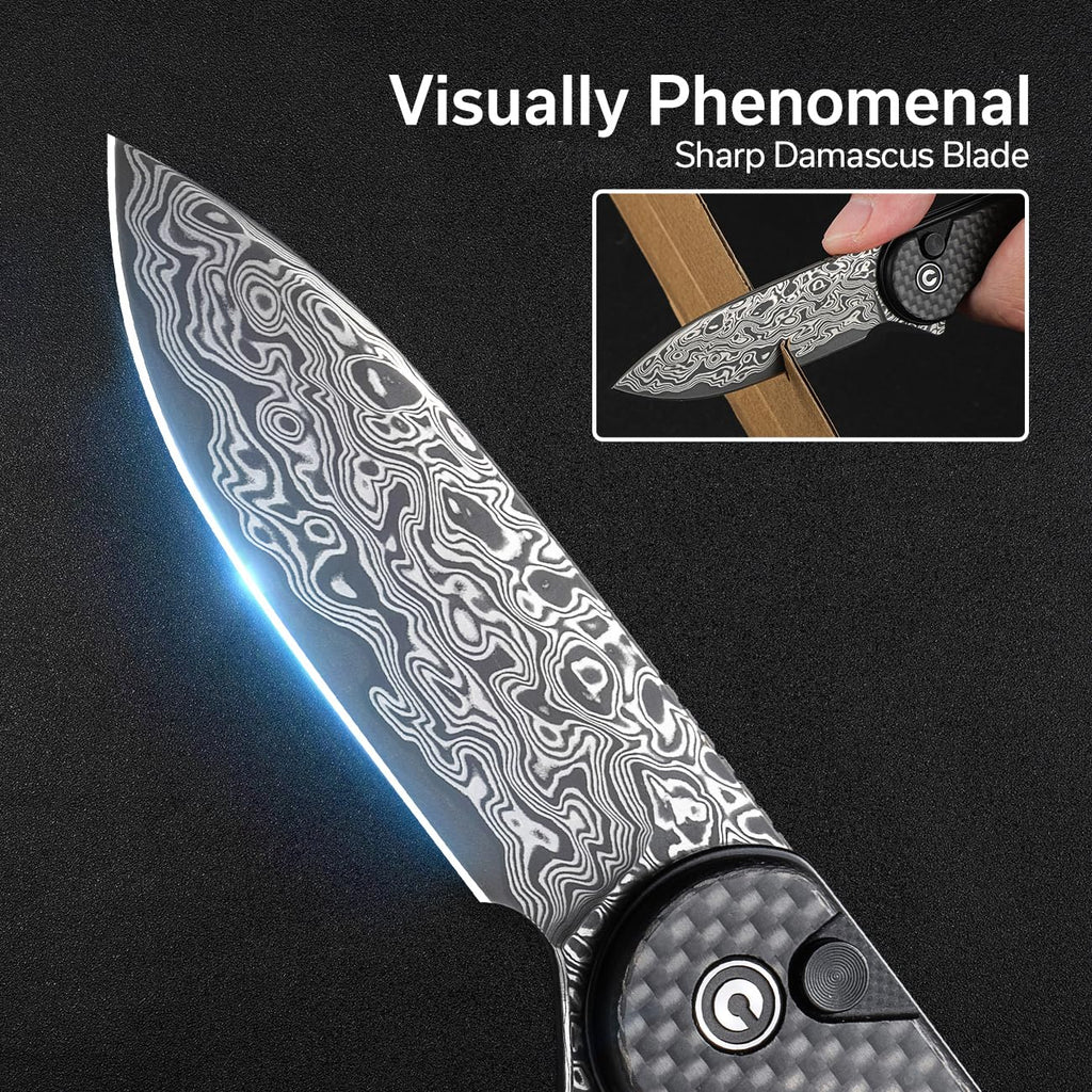 CIVIVI Elementum II Pocket Folding Knife, 2.96" Damascus Blade Utility Knife with Deep Carry Pocket Clip for EDC C18062PB-DS1