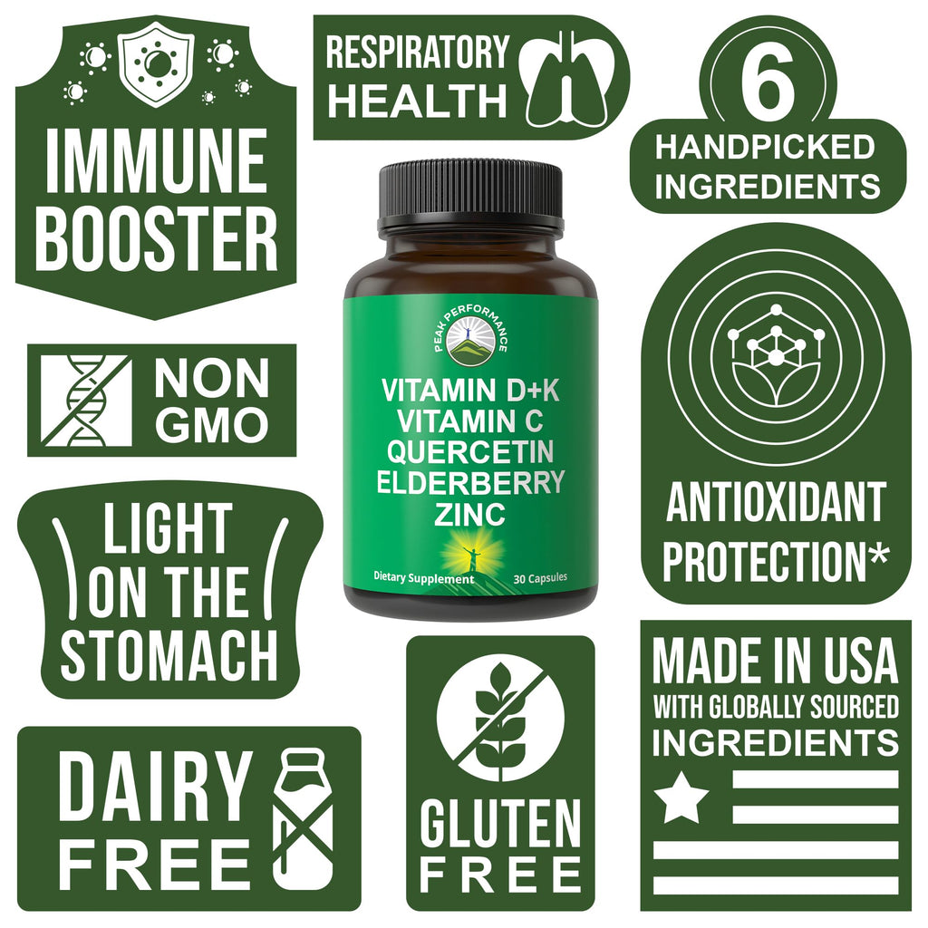 Peak Performance Immune Support Supplement - 6 Top Ingredients Vitamin D3 K2, Vitamin C, Elderberry, Zinc, Quercetin - Includes 5000 IU Vitamin D - Immunity Capsules - Supplements for Women and Men