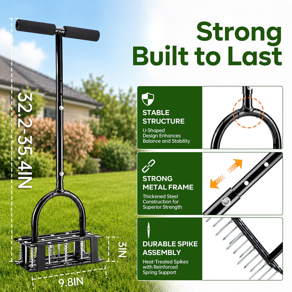 Furfrolic Lawn Aerator - 2-in-1 Manual Aerator with Automatic Dirt and Leaf Clean, Heavy-Duty Reinforced 15 Spikes & Ergonomic T-Handle for Lawn Maintenance, Garden Care, Yard Work (Black)