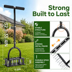 Furfrolic Lawn Aerator - 2-in-1 Manual Aerator with Automatic Dirt and Leaf Clean, Heavy-Duty Reinforced 15 Spikes & Ergonomic T-Handle for Lawn Maintenance, Garden Care, Yard Work (Black)