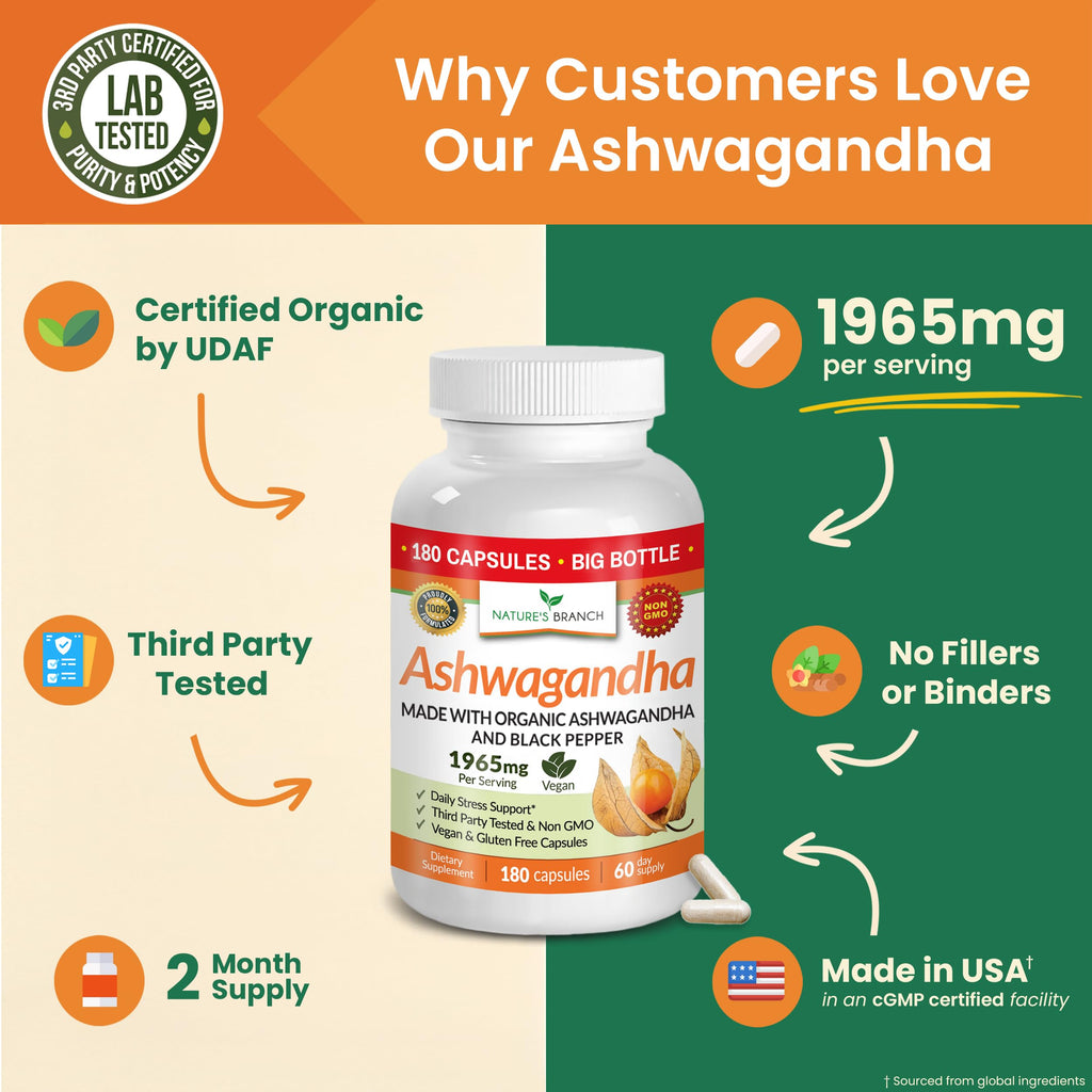 UDAF Certified Organic Ashwagandha with Black Pepper, 1965mg - Extra Strength for Stress, Sleep, Mood, Thyroid, Energy, Hair, Vegan Pure Root Extract Powder Supplement for Men and Women | 180 Capsules