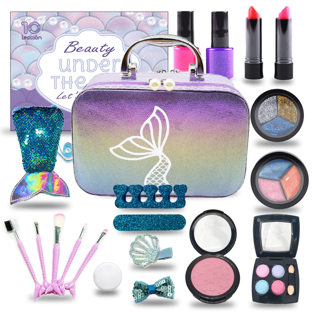 Kids Makeup Set for Girls - Non Toxic Washable Mermaid Makeup Kit, Little Mermaid Toys for Girl 5-7, 8-12，Princess Dress up Beauty Vanity Set，Ideal Party Gifts for Halloween Christmas and Birthday
